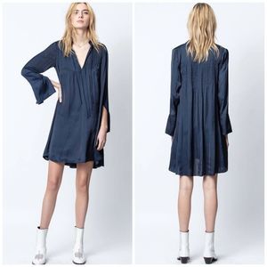 Zadig & Voltaire Raika Satin Short Dress in Blue Size Large Long Bell Sleeve